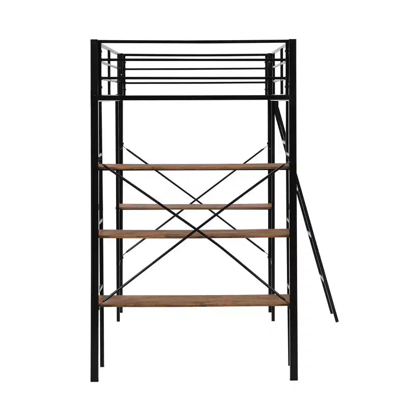 Lit mezzanine en métal de taille double avec étagères de rangement, cadre de lit mezzanine en acier robuste avec bureau intégré pour chambre à coucher ou dortoir, noir