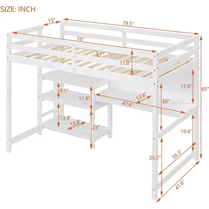Lit mezzanine avec bureau et étagères, cadre de lit mezzanine en bois avec étagères de rangement et planche d'écriture
