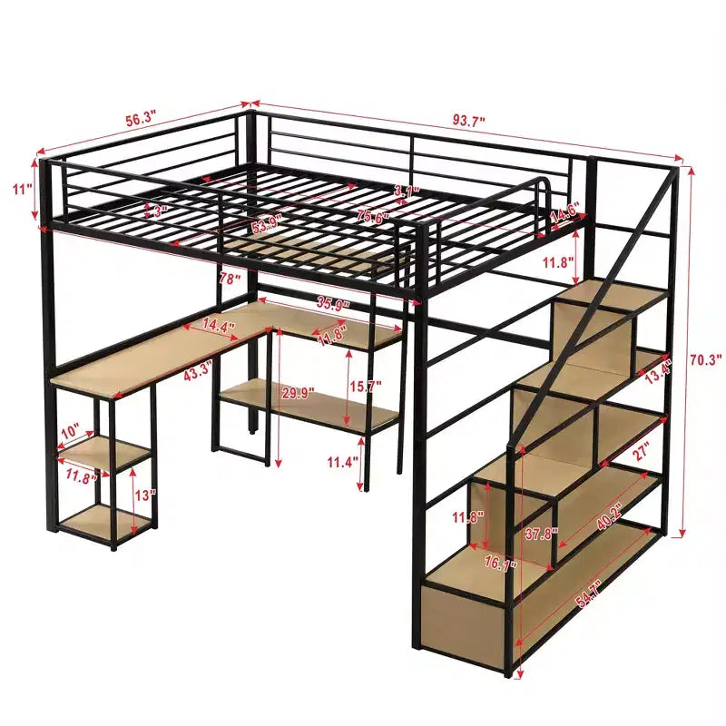 Lit mezzanine métallique pleine grandeur avec escalier de rangement et étagères à 3 niveaux, cadre de lit mezzanine en acier robuste avec bureau intégré pour chambre à coucher