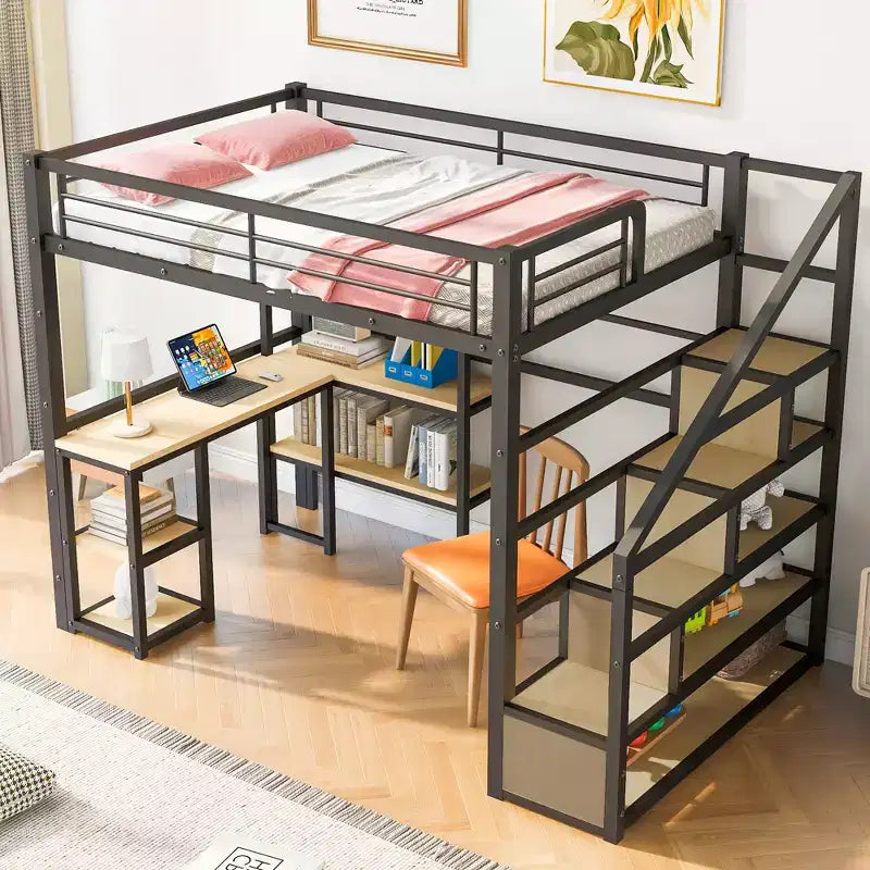 Lit mezzanine métallique pleine grandeur avec escalier de rangement et étagères à 3 niveaux, cadre de lit mezzanine en acier robuste avec bureau intégré pour chambre à coucher