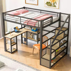 Lit mezzanine métallique pleine grandeur avec escalier de rangement et étagères à 3 niveaux, cadre de lit mezzanine en acier robuste avec bureau intégré pour chambre à coucher
