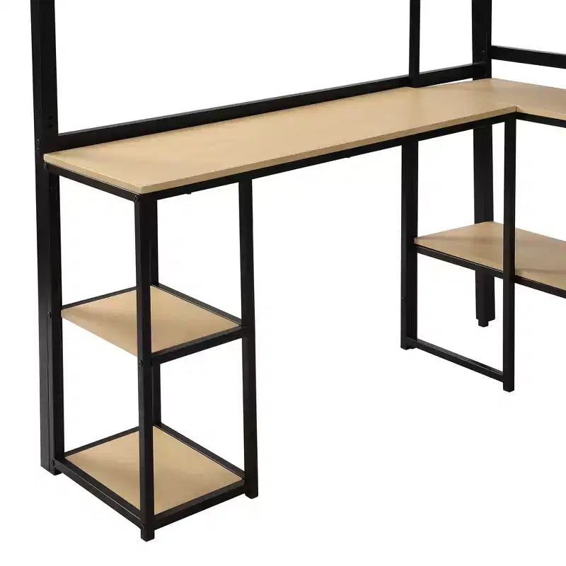 Lit mezzanine métallique pleine grandeur avec escalier de rangement et étagères à 3 niveaux, cadre de lit mezzanine en acier robuste avec bureau intégré pour chambre à coucher
