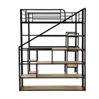 Lit mezzanine métallique pleine grandeur avec escalier de rangement et étagères à 3 niveaux, cadre de lit mezzanine en acier robuste avec bureau intégré pour chambre à coucher