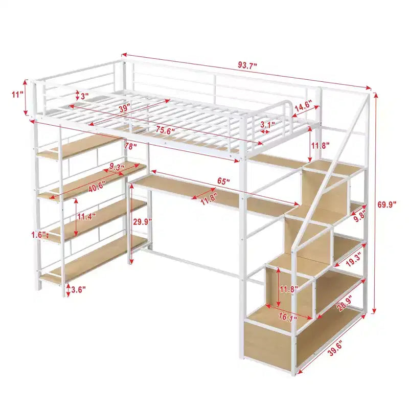 Lit mezzanine métallique pleine grandeur avec escalier de rangement et étagères à 3 niveaux, cadre de lit mezzanine en acier robuste avec bureau intégré pour chambre à coucher