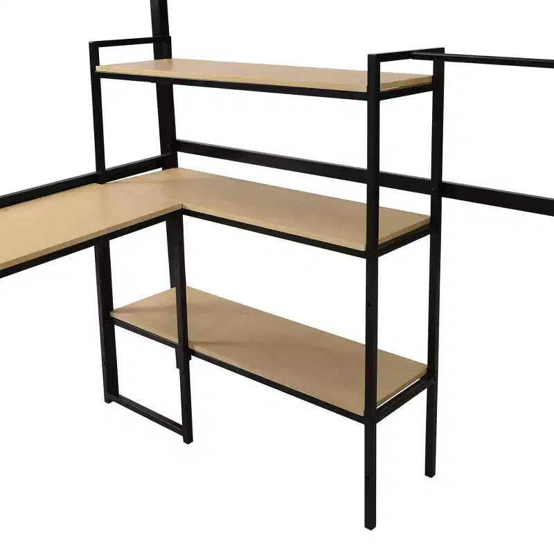 Lit mezzanine métallique pleine grandeur avec escalier de rangement et étagères à 3 niveaux, cadre de lit mezzanine en acier robuste avec bureau intégré pour chambre à coucher