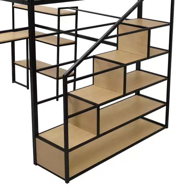 Lit mezzanine métallique pleine grandeur avec escalier de rangement et étagères à 3 niveaux, cadre de lit mezzanine en acier robuste avec bureau intégré pour chambre à coucher