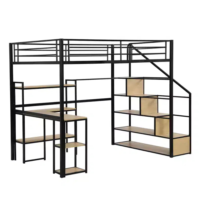 Lit mezzanine métallique pleine grandeur avec escalier de rangement et étagères à 3 niveaux, cadre de lit mezzanine en acier robuste avec bureau intégré pour chambre à coucher