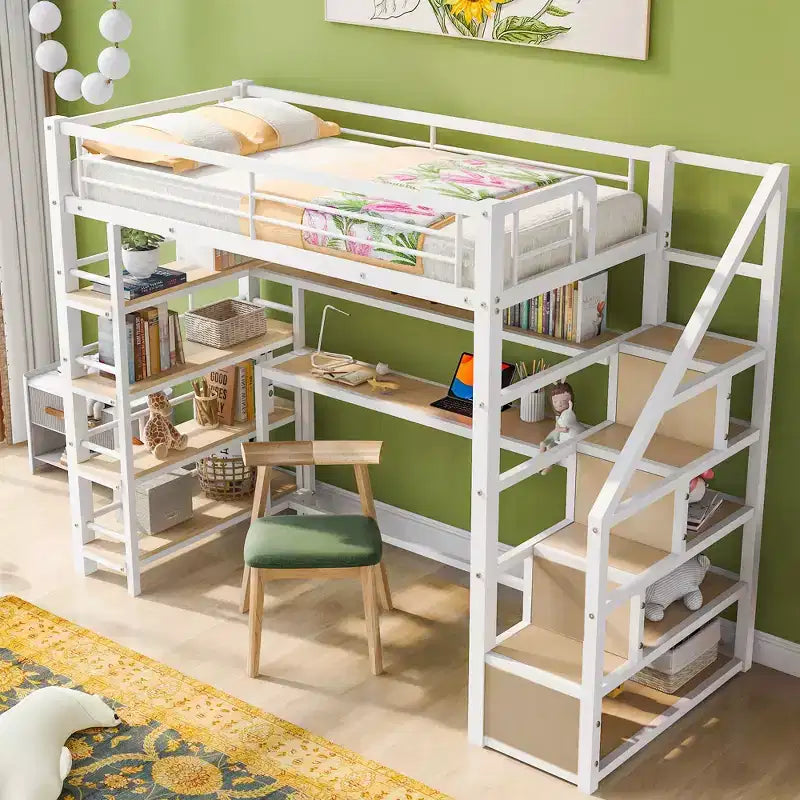 Lit mezzanine métallique pleine grandeur avec escalier de rangement et étagères à 3 niveaux, cadre de lit mezzanine en acier robuste avec bureau intégré pour chambre à coucher
