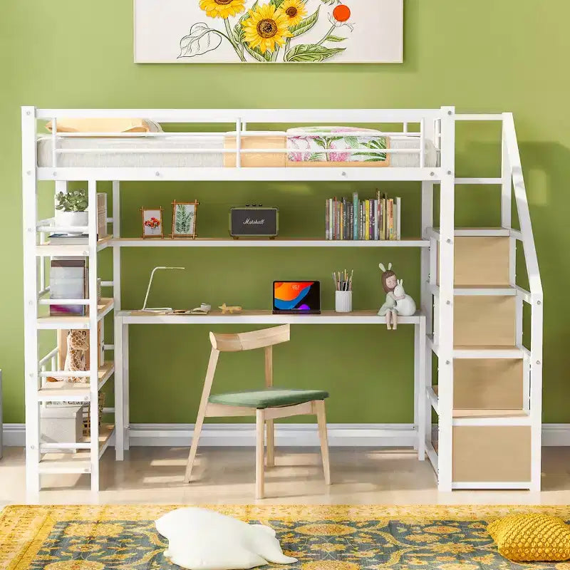 Lit mezzanine métallique pleine grandeur avec escalier de rangement et étagères à 3 niveaux, cadre de lit mezzanine en acier robuste avec bureau intégré pour chambre à coucher