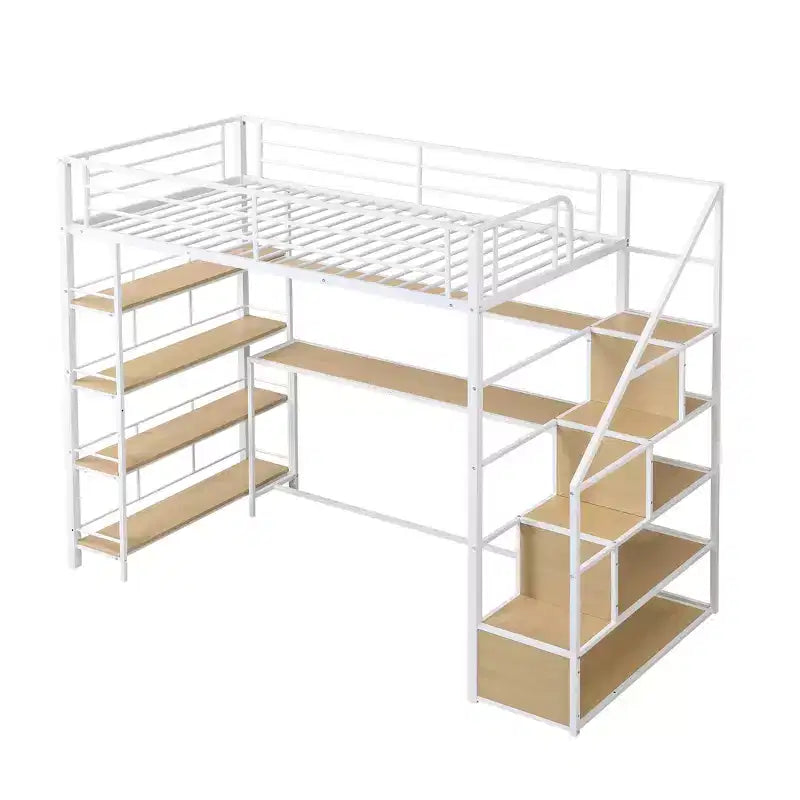Lit mezzanine métallique pleine grandeur avec escalier de rangement et étagères à 3 niveaux, cadre de lit mezzanine en acier robuste avec bureau intégré pour chambre à coucher