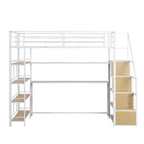 Lit mezzanine métallique pleine grandeur avec escalier de rangement et étagères à 3 niveaux, cadre de lit mezzanine en acier robuste avec bureau intégré pour chambre à coucher