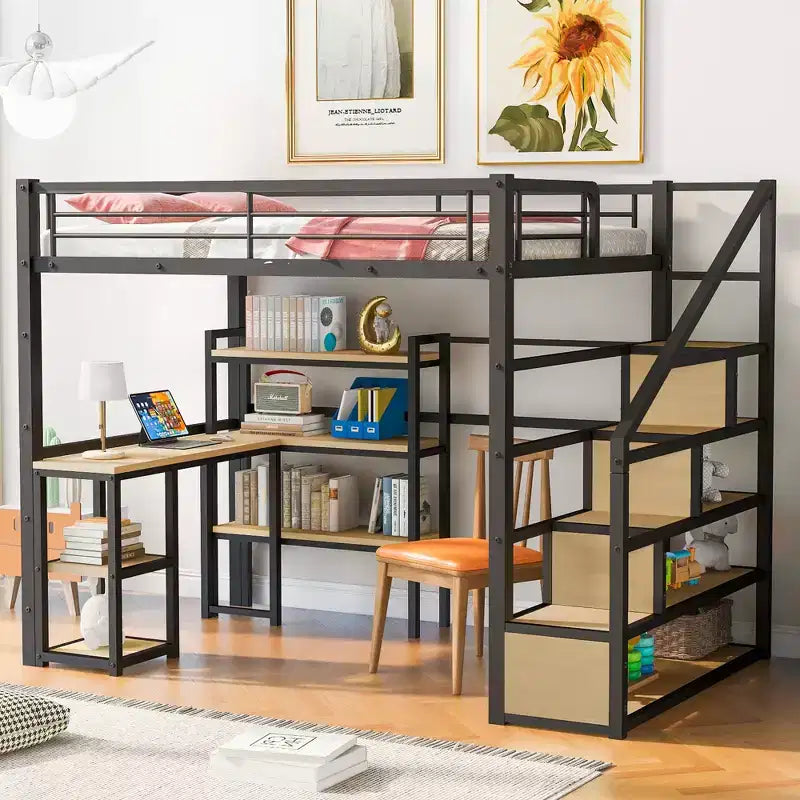 Lit mezzanine métallique pleine grandeur avec escalier de rangement et étagères à 3 niveaux, cadre de lit mezzanine en acier robuste avec bureau intégré pour chambre à coucher