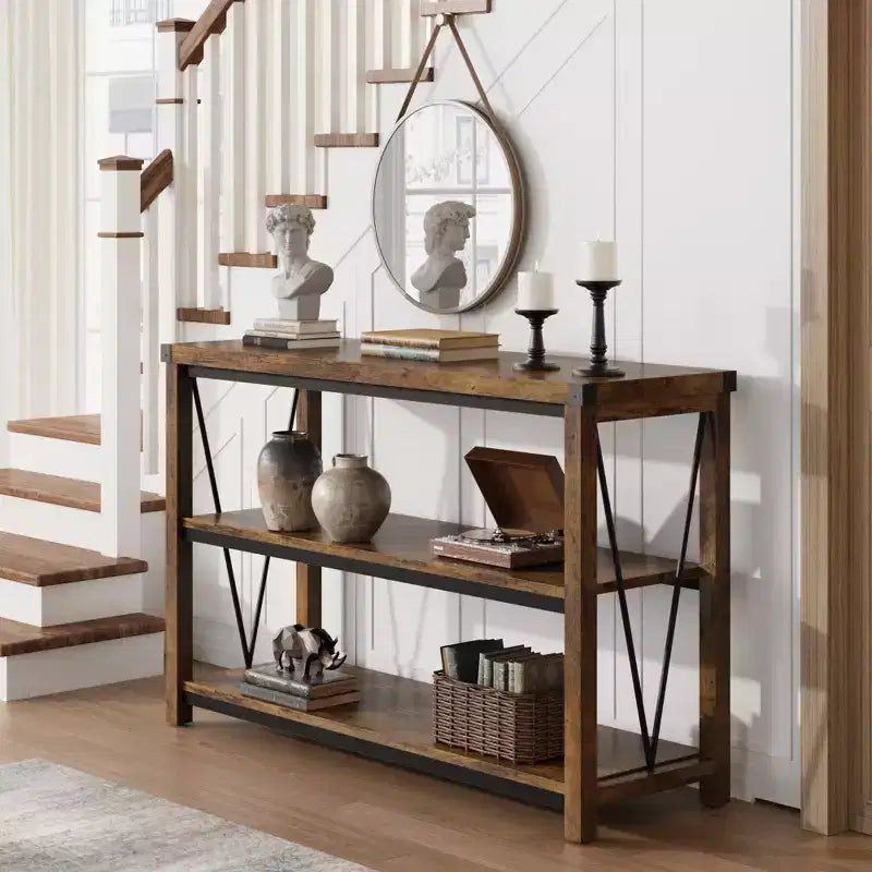 Coolmee Farmhouse Console Table, Table console étroite de 47 pouces avec rangement, Tables console en bois à 3 niveaux pour salon, couloir, entrée