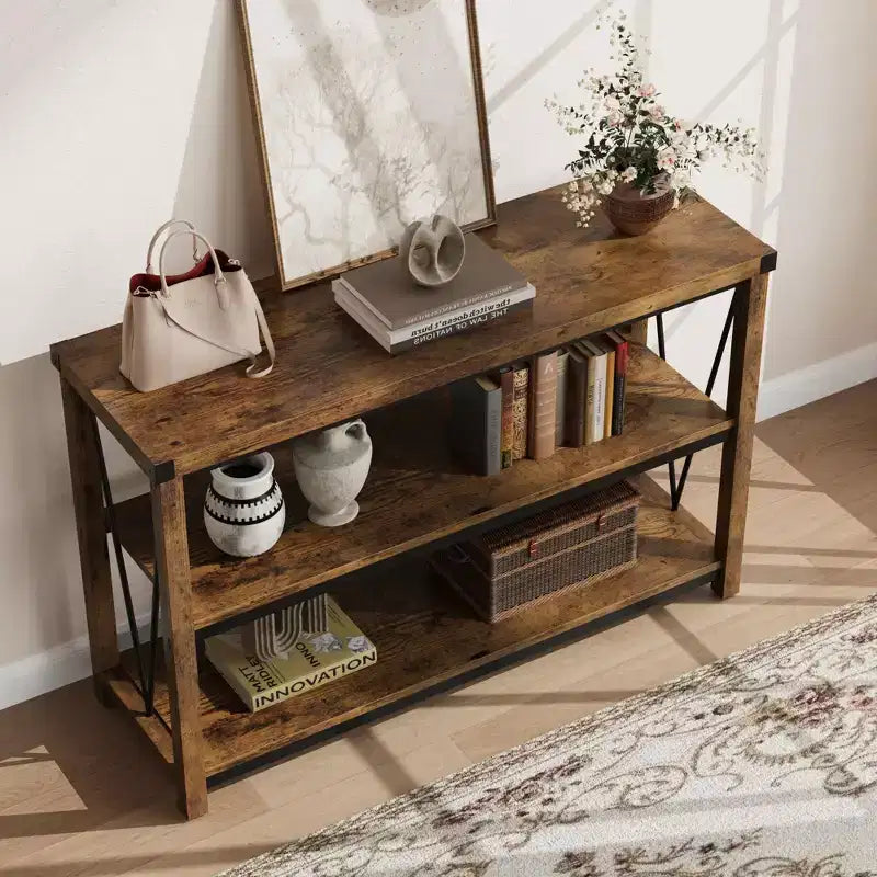 Coolmee Farmhouse Console Table, Table console étroite de 47 pouces avec rangement, Tables console en bois à 3 niveaux pour salon, couloir, entrée