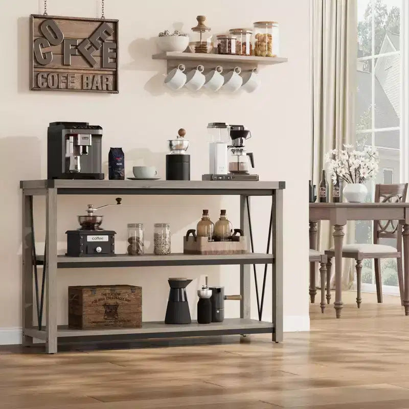 Coolmee Farmhouse Console Table, Table console étroite de 47 pouces avec rangement, Tables console en bois à 3 niveaux pour salon, couloir, entrée