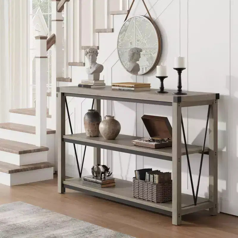 Coolmee Farmhouse Console Table, Table console étroite de 47 pouces avec rangement, Tables console en bois à 3 niveaux pour salon, couloir, entrée