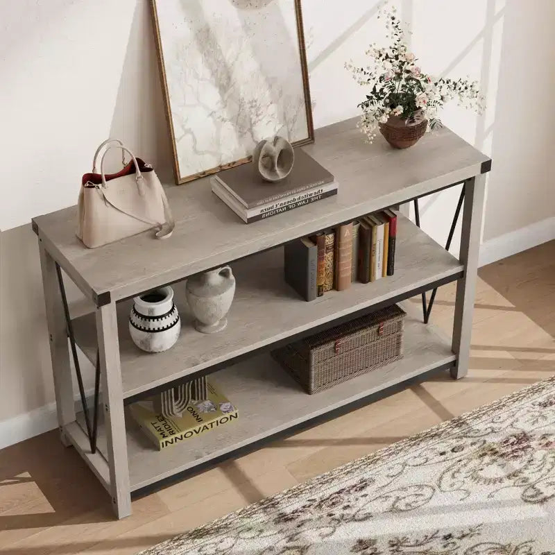 Coolmee Farmhouse Console Table, Table console étroite de 47 pouces avec rangement, Tables console en bois à 3 niveaux pour salon, couloir, entrée