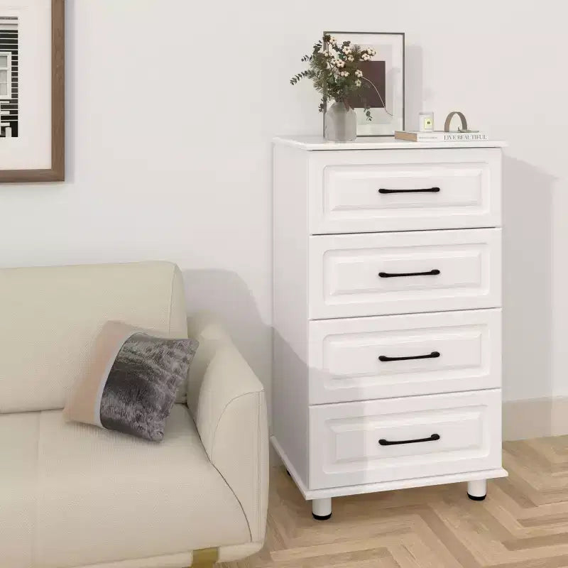 Sandinrayli Commode à 4 tiroirs, Petites commodes modernes avec tiroirs, Armoire de rangement en bois avec poignées en acier, Blanche