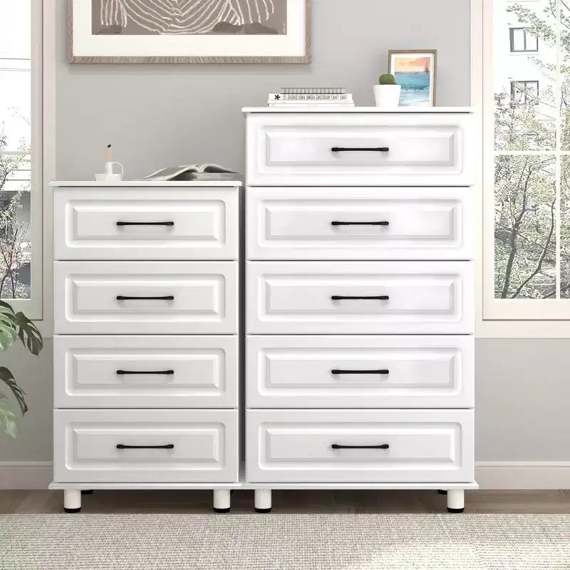 Sandinrayli Commode à 4 tiroirs, Petites commodes modernes avec tiroirs, Armoire de rangement en bois avec poignées en acier, Blanche