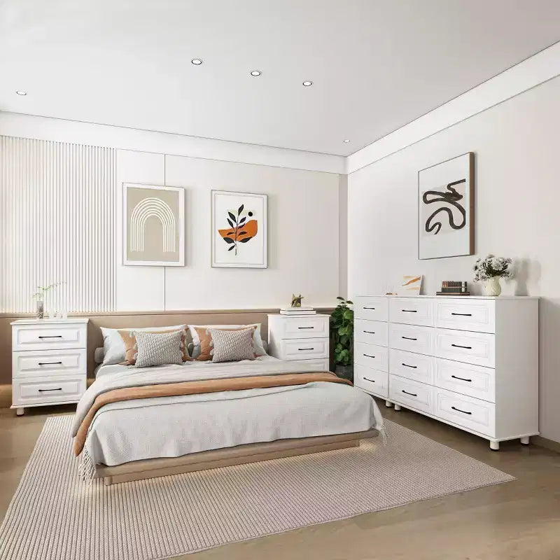 Sandinrayli Commode à 4 tiroirs, Petites commodes modernes avec tiroirs, Armoire de rangement en bois avec poignées en acier, Blanche