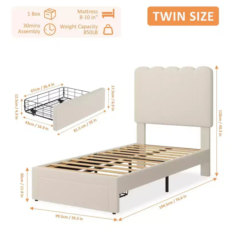Ensemble de 2 lits jumeaux avec tiroir de rangement, lit plateforme rembourré avec tête de lit ondulée, lattes en bois, pas besoin de sommier.