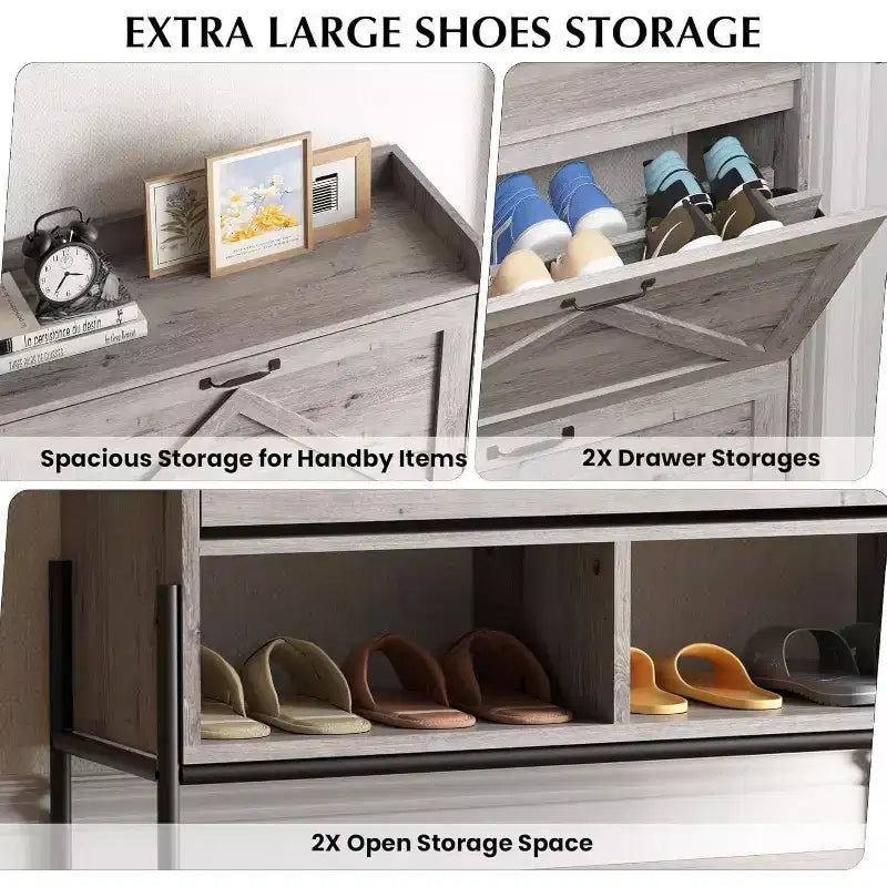 Meuble à chaussures à 2 tiroirs, organiseur de chaussures mince et peu encombrant avec rangement dissimulé, étagère d'entrée en bois pour couloir, design étroit et autonome