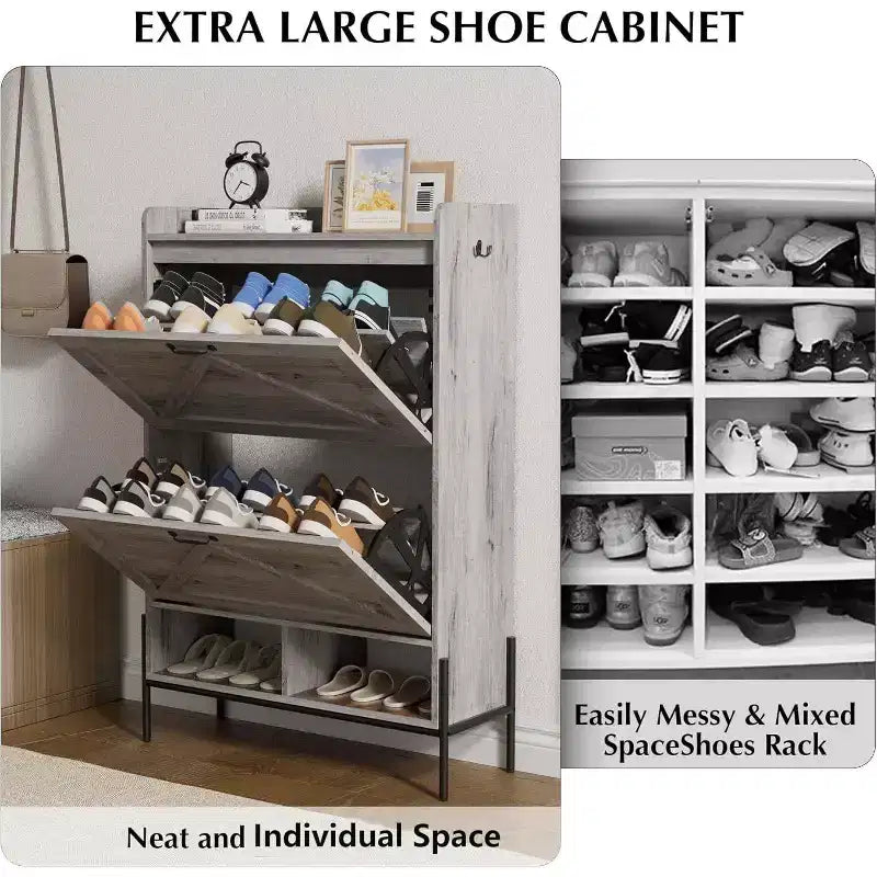 Meuble à chaussures à 2 tiroirs, organiseur de chaussures mince et peu encombrant avec rangement dissimulé, étagère d'entrée en bois pour couloir, design étroit et autonome