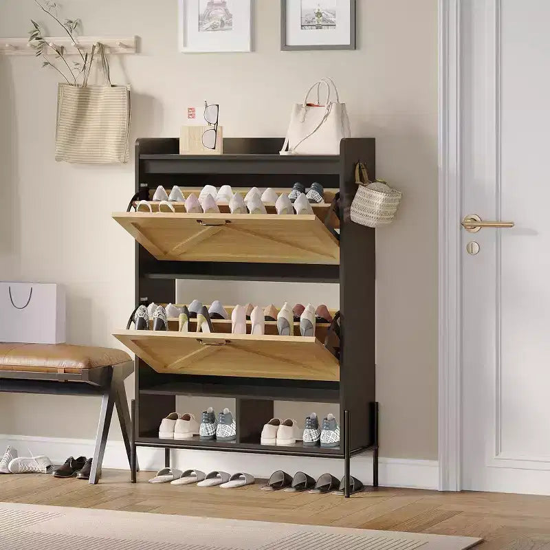Meuble à chaussures à 2 tiroirs, organiseur de chaussures mince et peu encombrant avec rangement dissimulé, étagère d'entrée en bois pour couloir, design étroit et autonome