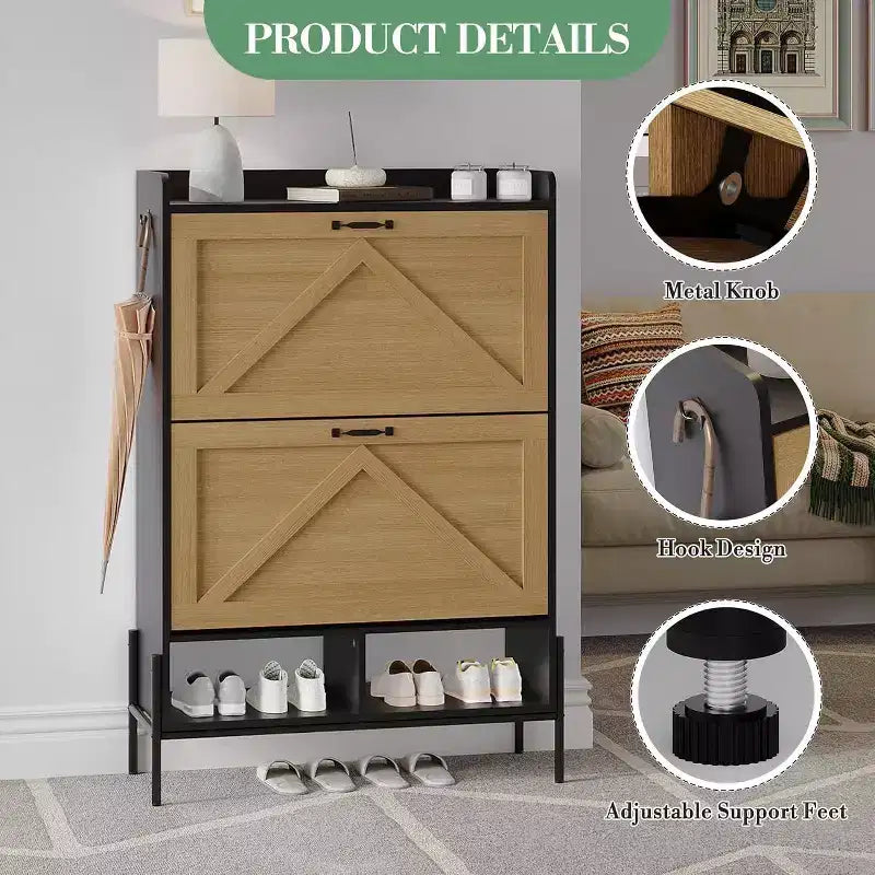 Meuble à chaussures à 2 tiroirs, organiseur de chaussures mince et peu encombrant avec rangement dissimulé, étagère d'entrée en bois pour couloir, design étroit et autonome