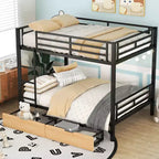 Metal Full over Full Size Bunk Bed with 2 Drawers, Full Bunk Bedframe Convertible into 2 Platform Bed, Black