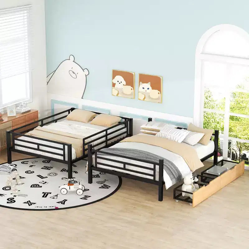 Lit superposé en métal de taille double avec 2 tiroirs, cadre de lit superposé double convertible en 2 lits plateforme, noir