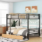 Lit superposé en métal de taille double avec 2 tiroirs, cadre de lit superposé double convertible en 2 lits plateforme, noir