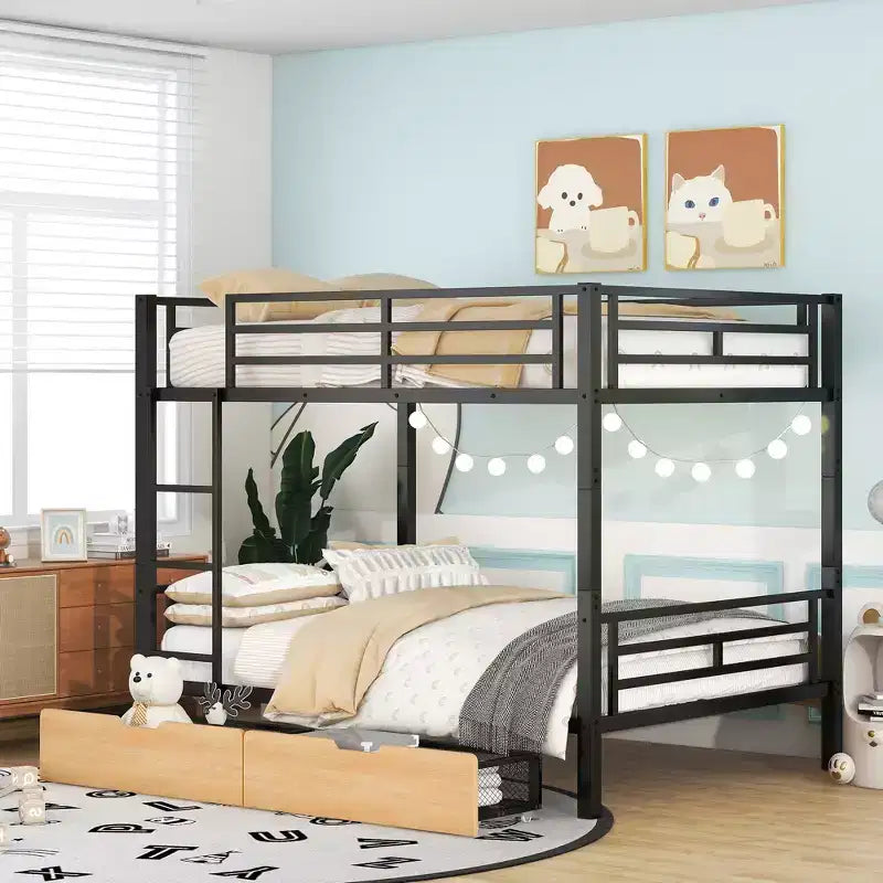 Lit superposé en métal de taille double avec 2 tiroirs, cadre de lit superposé double convertible en 2 lits plateforme, noir