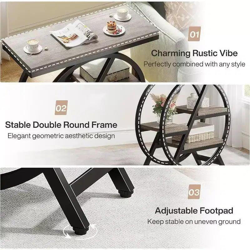 Okak Industrial Table d'appoint ronde à 4 niveaux en métal, petite table de chevet rustique, table de canapé derrière le canapé pour le couloir, le salon