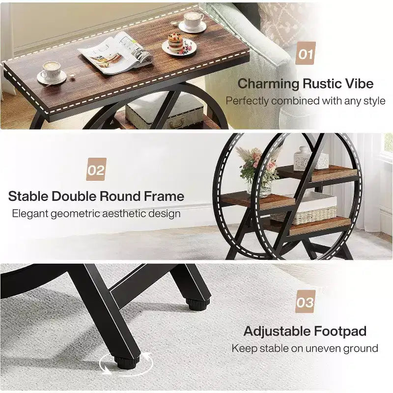 Okak Industrial Table d'appoint ronde à 4 niveaux en métal, petite table de chevet rustique, table de canapé derrière le canapé pour le couloir, le salon