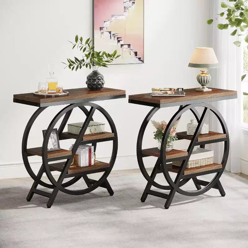 Okak Industrial Table d'appoint ronde à 4 niveaux en métal, petite table de chevet rustique, table de canapé derrière le canapé pour le couloir, le salon