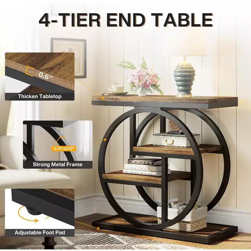 Okak Industrial Table d'appoint ronde à 4 niveaux en métal, petite table de chevet rustique, table de canapé derrière le canapé pour le couloir, le salon