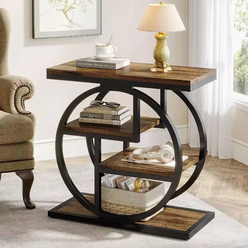 Okak Industrial Table d'appoint ronde à 4 niveaux en métal, petite table de chevet rustique, table de canapé derrière le canapé pour le couloir, le salon