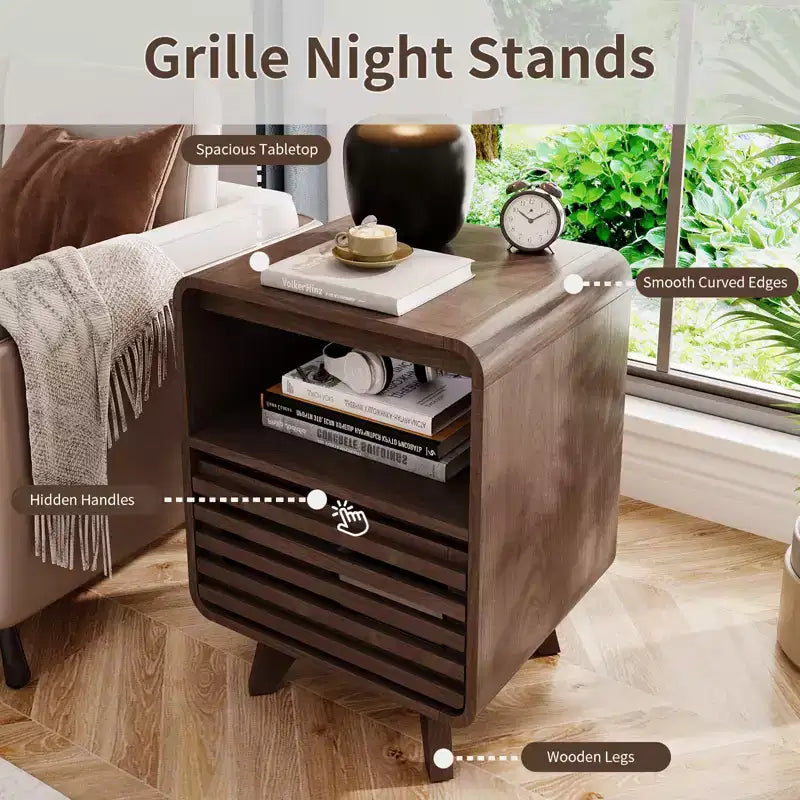 SOLACE FURNITURE Table de Chevet avec Tiroir de Rangement Grille Table d'Appoint