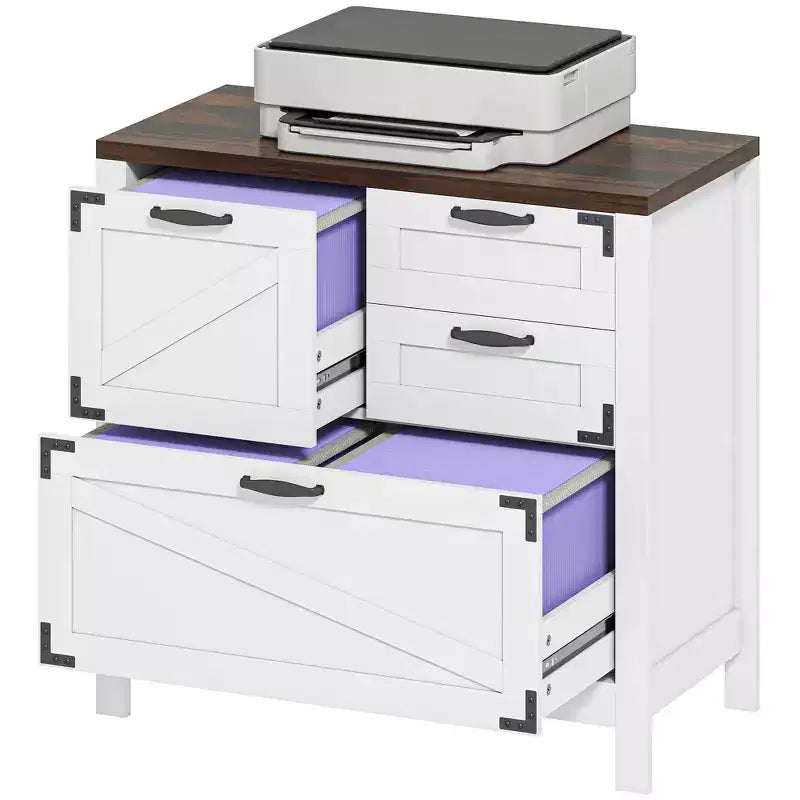 HOMCOM Classeur 4 Tiroirs, Meuble de Rangement Latéral de Style Ferme avec Rails Suspendus Réglables pour Dossiers de Taille Lettre/A4/Légal, Support d'Imprimante
