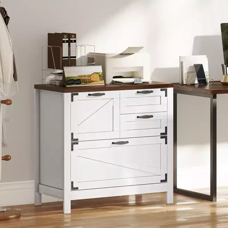 HOMCOM Classeur 4 Tiroirs, Meuble de Rangement Latéral de Style Ferme avec Rails Suspendus Réglables pour Dossiers de Taille Lettre/A4/Légal, Support d'Imprimante