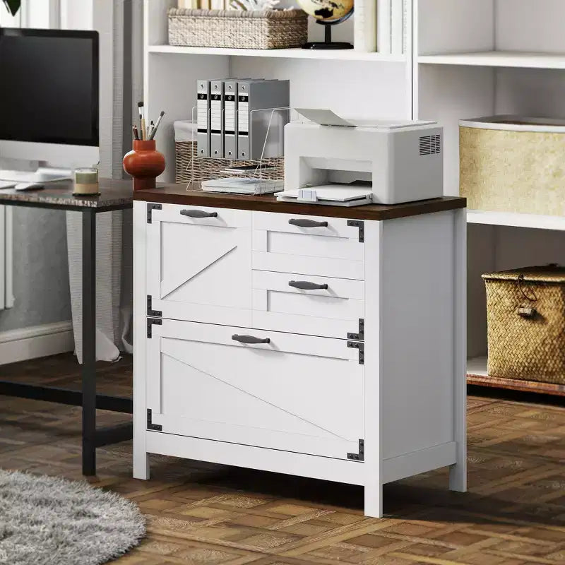 HOMCOM Classeur 4 Tiroirs, Meuble de Rangement Latéral de Style Ferme avec Rails Suspendus Réglables pour Dossiers de Taille Lettre/A4/Légal, Support d'Imprimante