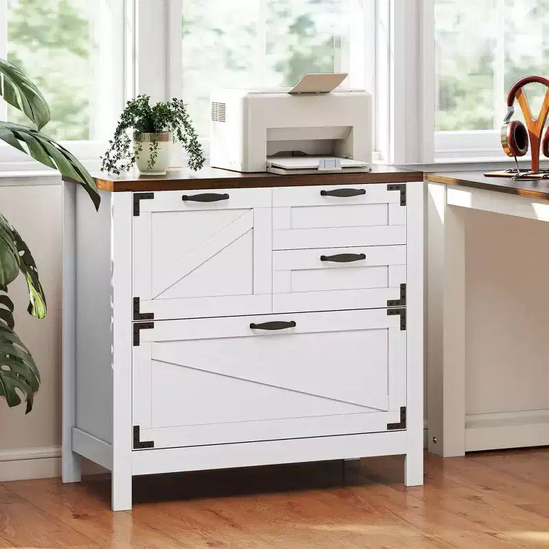 HOMCOM Classeur 4 Tiroirs, Meuble de Rangement Latéral de Style Ferme avec Rails Suspendus Réglables pour Dossiers de Taille Lettre/A4/Légal, Support d'Imprimante