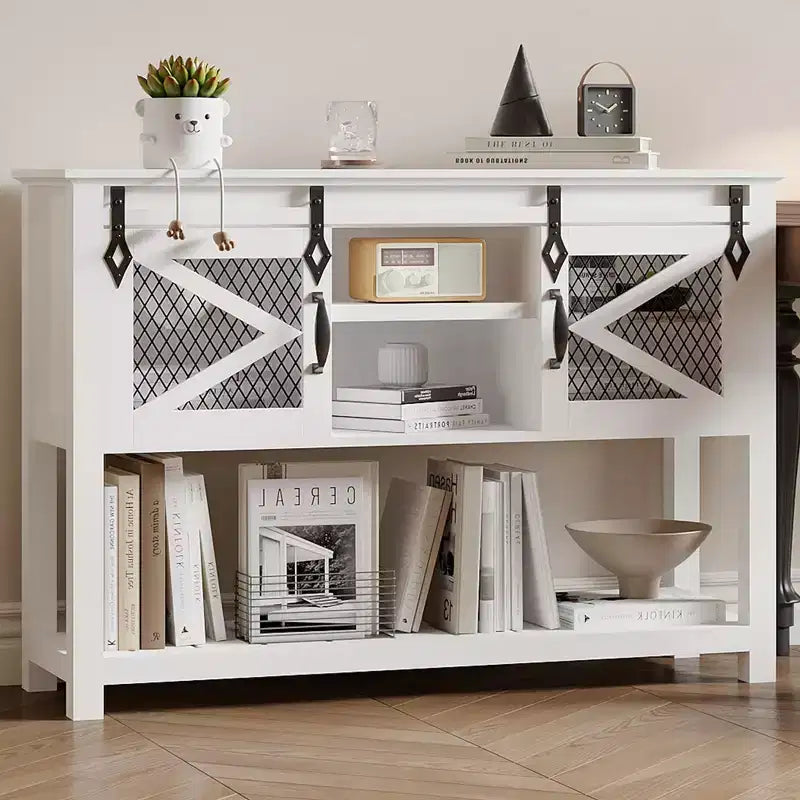 Table d'entrée GustoWave avec portes coulissantes de grange, table console de style ferme et industriel de 117 cm avec rangement, table de canapé avec étagère ouverte, blanc