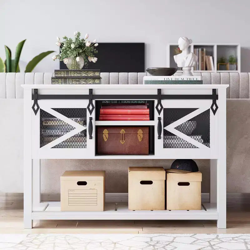 Table d'entrée GustoWave avec portes coulissantes de grange, table console de style ferme et industriel de 117 cm avec rangement, table de canapé avec étagère ouverte, blanc