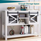 Table d'entrée GustoWave avec portes coulissantes de grange, table console de style ferme et industriel de 117 cm avec rangement, table de canapé avec étagère ouverte, blanc