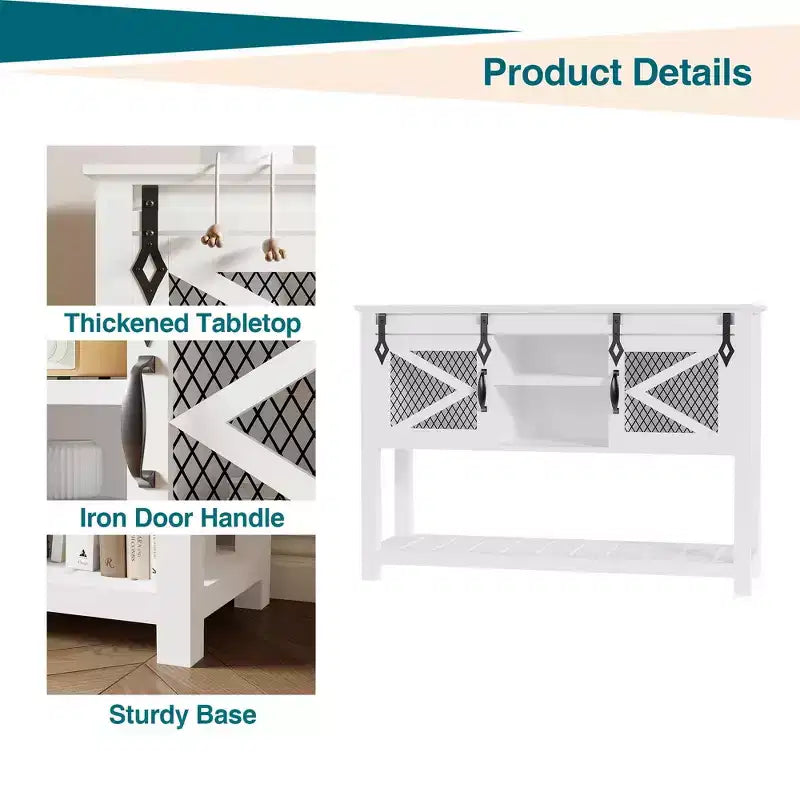 Table d'entrée GustoWave avec portes coulissantes de grange, table console de style ferme et industriel de 117 cm avec rangement, table de canapé avec étagère ouverte, blanc