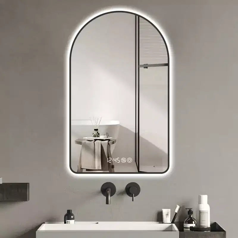Whisen Arched LED Bathroom Vanity Wall Mirror with Aluminum Frame, Temperature & Time Display, Dimmable Lights and Anti-Fog - Black