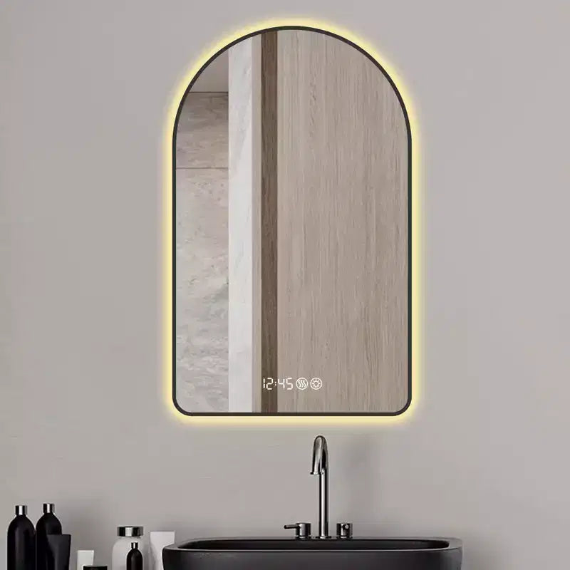 Miroir de courtoisie de salle de bain mural à LED arqué Whisen avec cadre en aluminium, affichage de la température et de l'heure, lumières à intensité variable et anti-buée - Noir