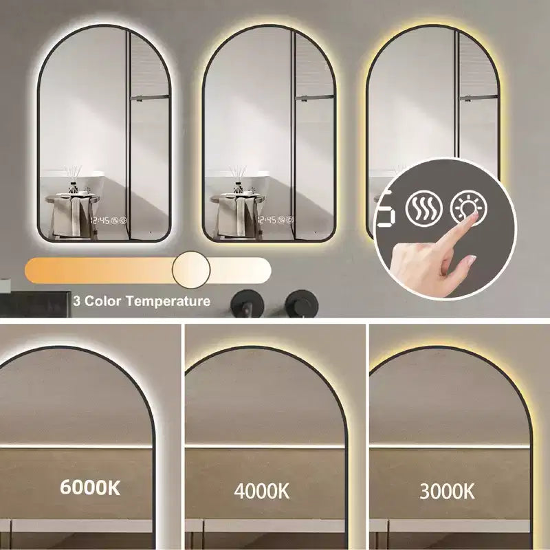 Miroir de courtoisie de salle de bain mural à LED arqué Whisen avec cadre en aluminium, affichage de la température et de l'heure, lumières à intensité variable et anti-buée - Noir